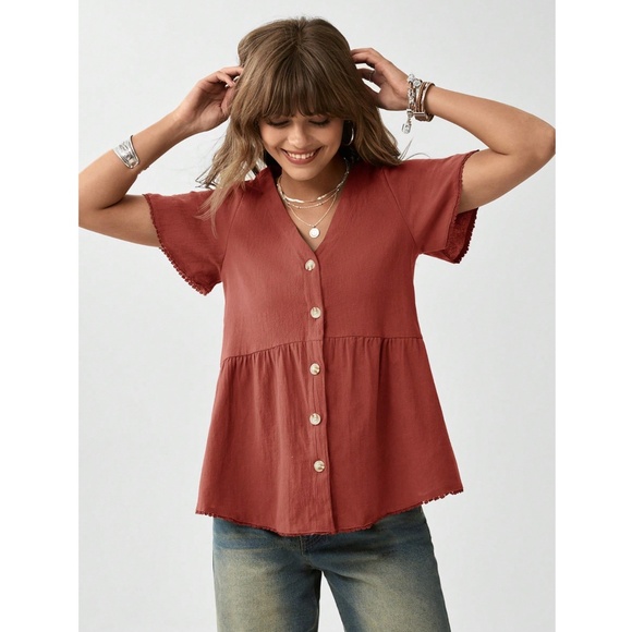 Cotton Burnt Orange Short Sleeve Shirt Button Down V-Neck - Picture 4 of 8